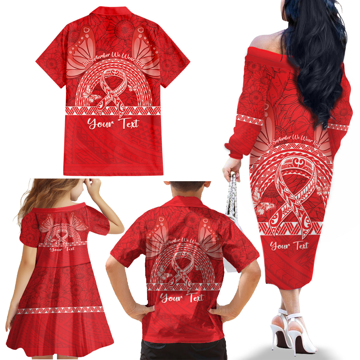 Personalised In September We Wear Red Family Matching Off The Shoulder Long Sleeve Dress and Hawaiian Shirt Polynesia Blood Cancer Awareness LT14 - Polynesian Pride