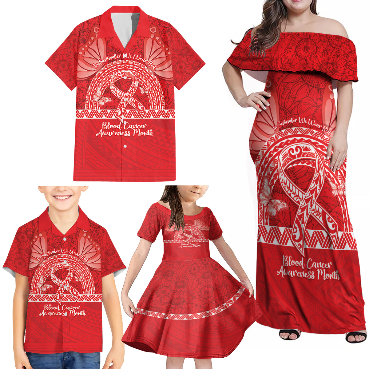 Personalised In September We Wear Red Family Matching Off Shoulder Maxi Dress and Hawaiian Shirt Polynesia Blood Cancer Awareness LT14 - Polynesian Pride