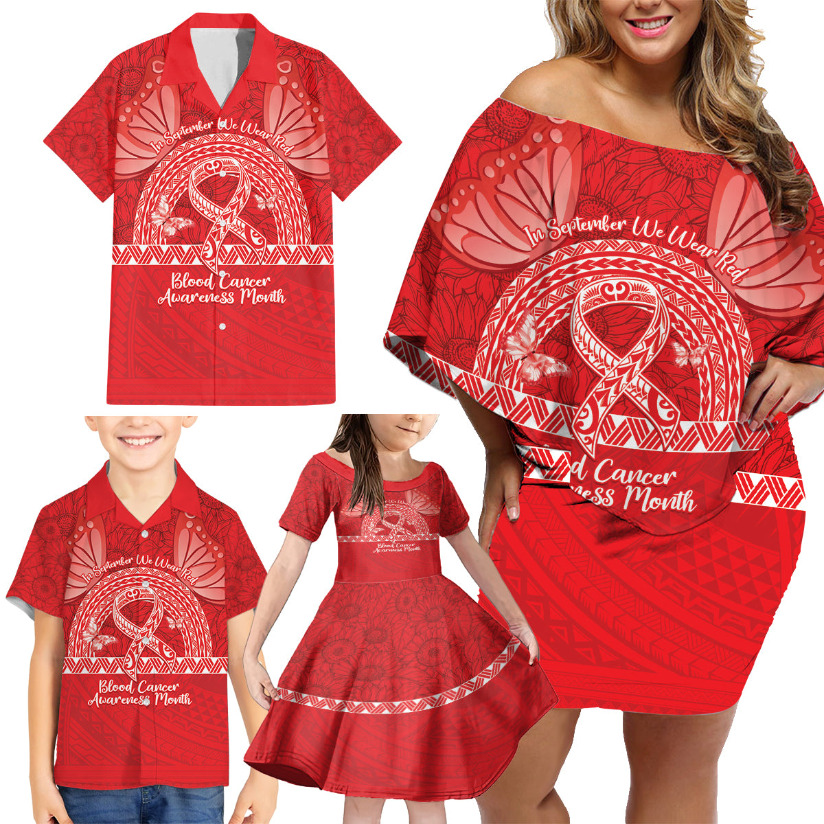 Personalised In September We Wear Red Family Matching Off Shoulder Short Dress and Hawaiian Shirt Polynesia Blood Cancer Awareness LT14 - Polynesian Pride