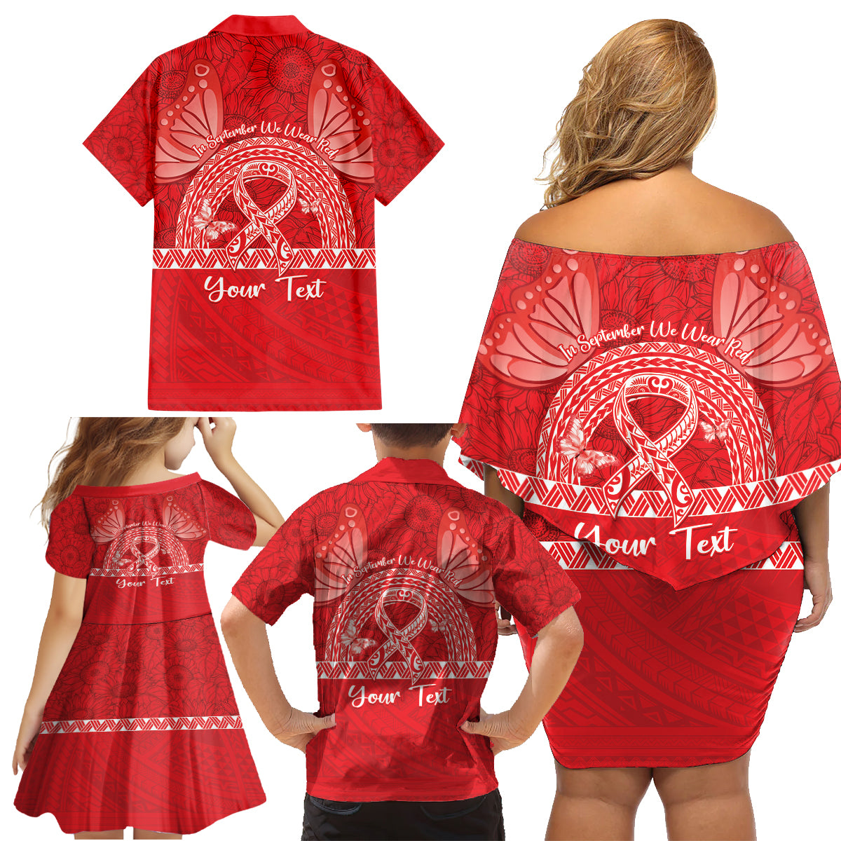 Personalised In September We Wear Red Family Matching Off Shoulder Short Dress and Hawaiian Shirt Polynesia Blood Cancer Awareness LT14 - Polynesian Pride