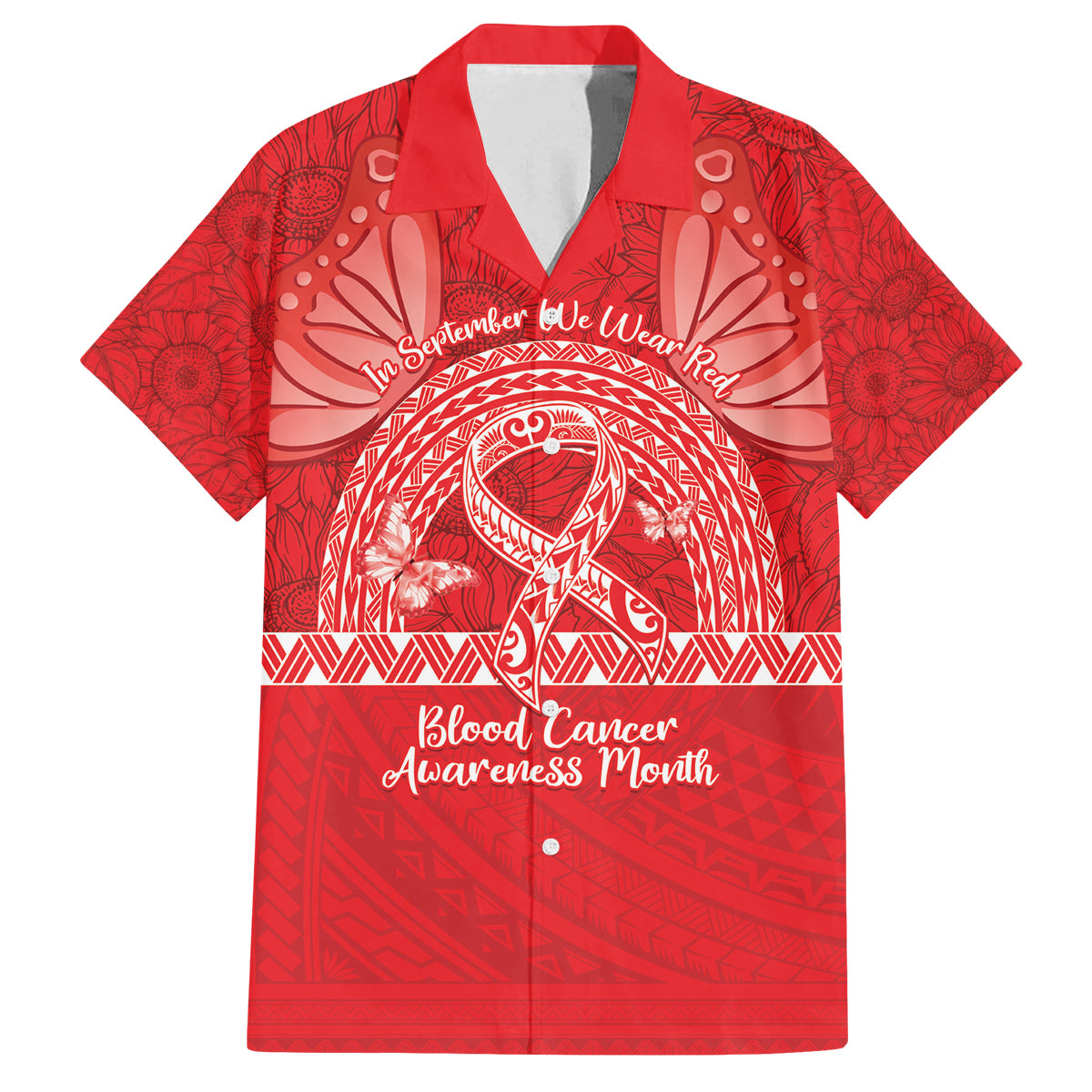 Personalised In September We Wear Red Family Matching Off Shoulder Short Dress and Hawaiian Shirt Polynesia Blood Cancer Awareness LT14 Dad's Shirt - Short Sleeve Red - Polynesian Pride