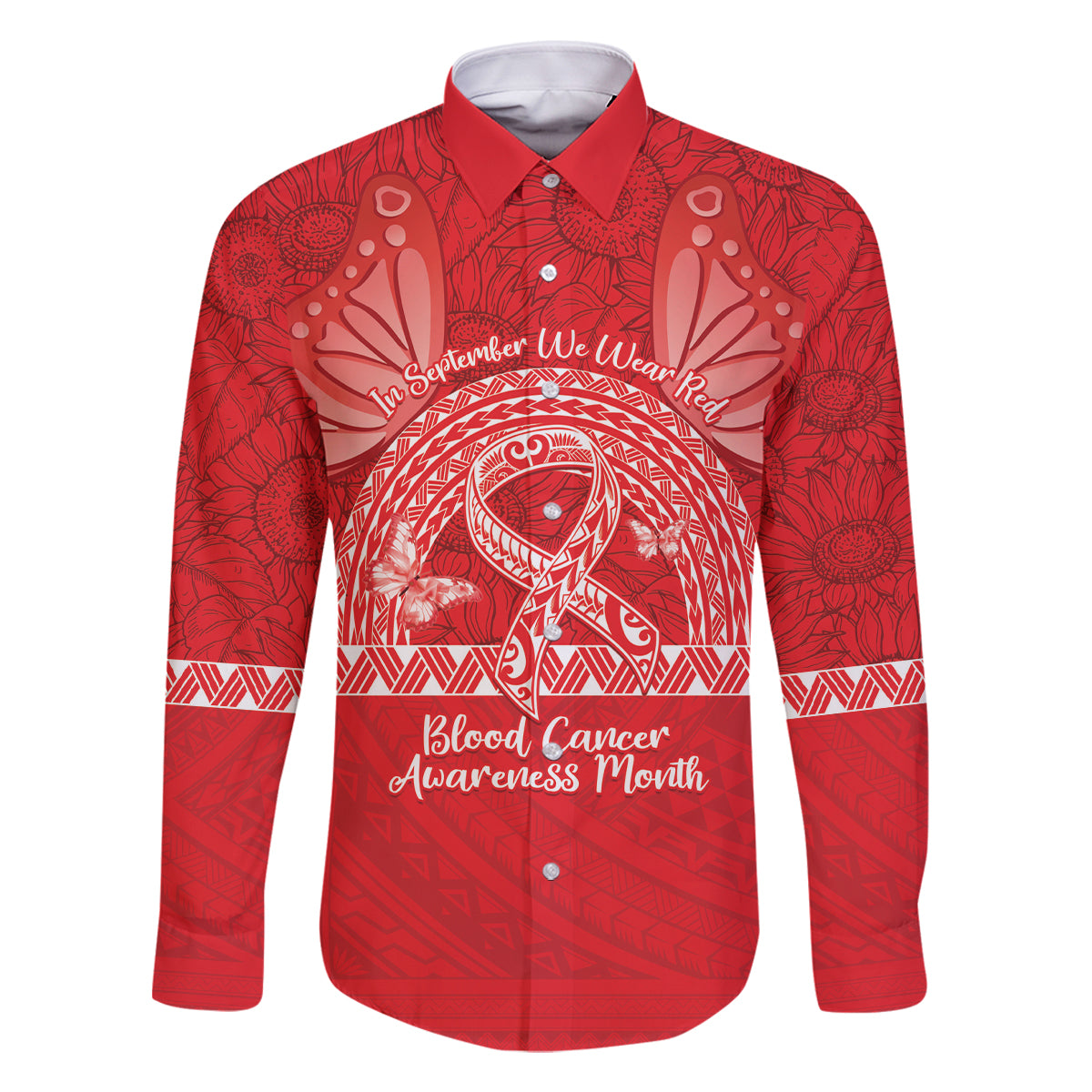 Personalised In September We Wear Red Family Matching Off Shoulder Short Dress and Hawaiian Shirt Polynesia Blood Cancer Awareness LT14 Dad's Shirt - Long Sleeve Red - Polynesian Pride