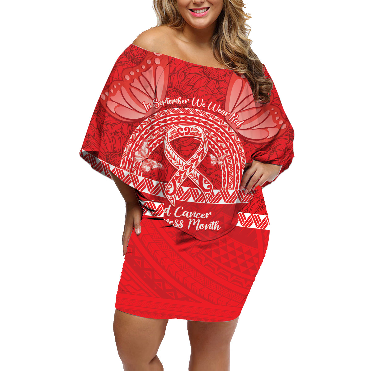 Personalised In September We Wear Red Family Matching Off Shoulder Short Dress and Hawaiian Shirt Polynesia Blood Cancer Awareness LT14 Mom's Dress Red - Polynesian Pride