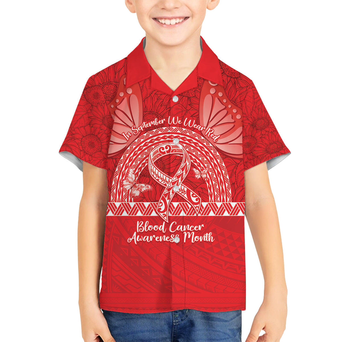 Personalised In September We Wear Red Family Matching Off Shoulder Short Dress and Hawaiian Shirt Polynesia Blood Cancer Awareness LT14 Son's Shirt Red - Polynesian Pride