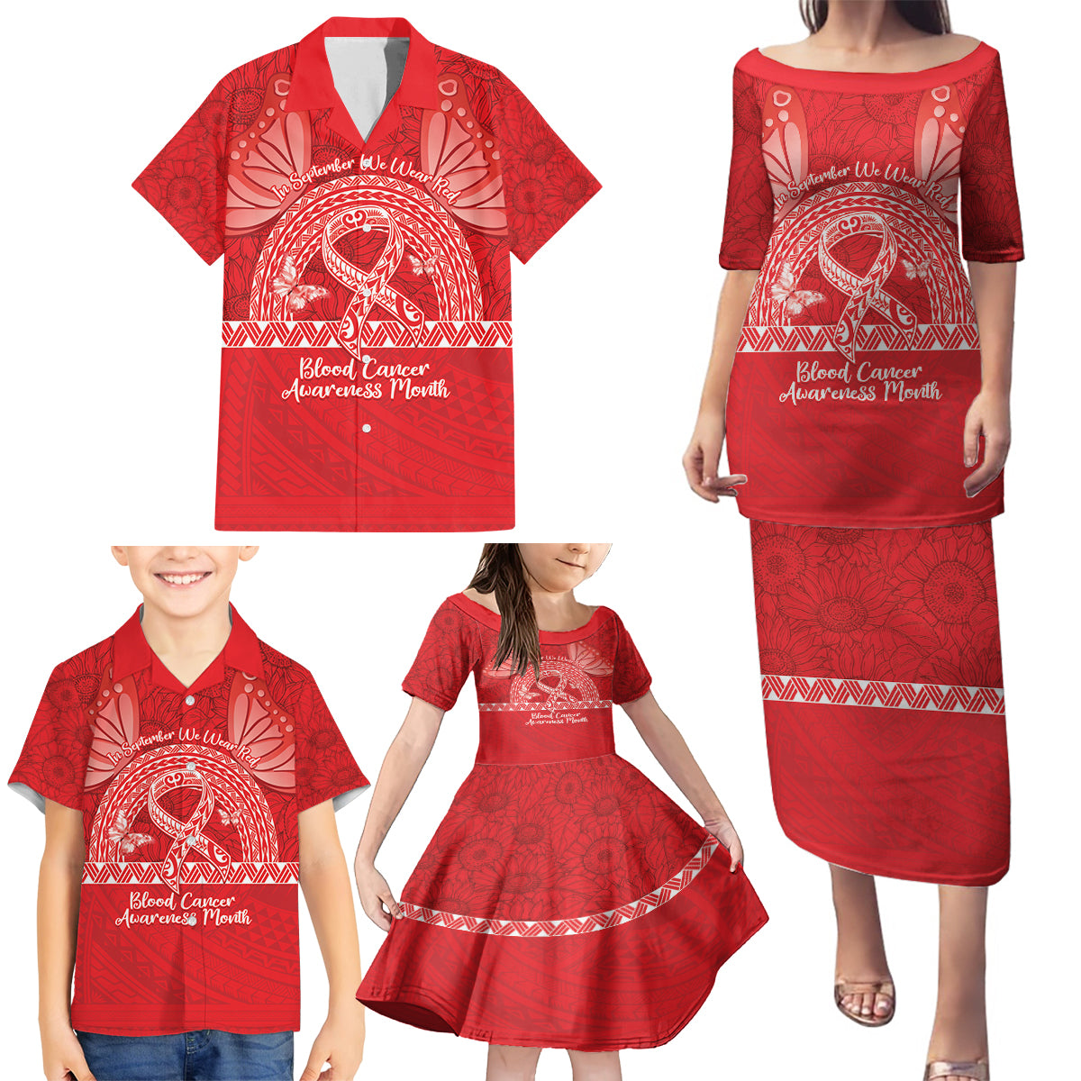 Personalised In September We Wear Red Family Matching Puletasi and Hawaiian Shirt Polynesia Blood Cancer Awareness LT14 - Polynesian Pride