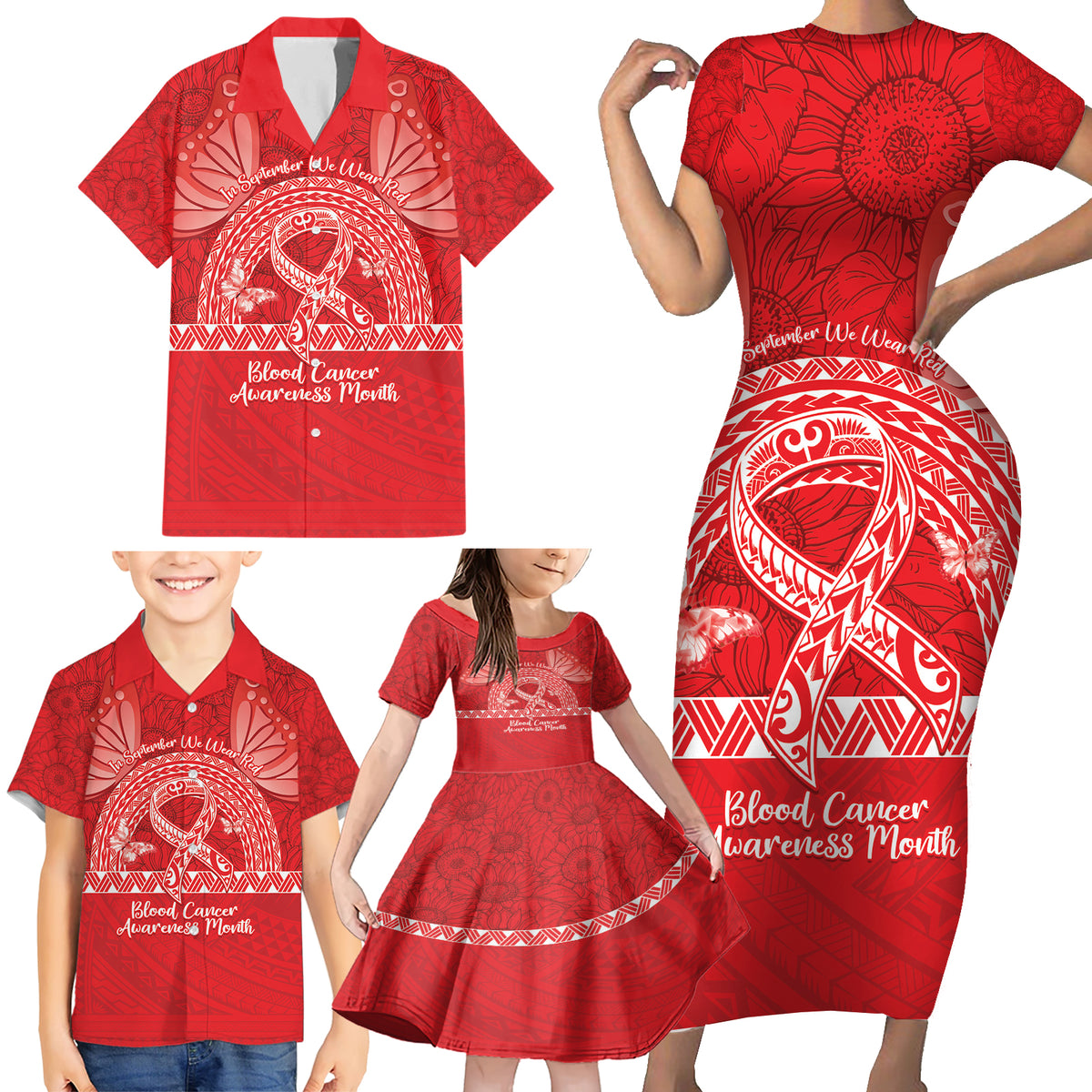 Personalised In September We Wear Red Family Matching Short Sleeve Bodycon Dress and Hawaiian Shirt Polynesia Blood Cancer Awareness LT14 - Polynesian Pride