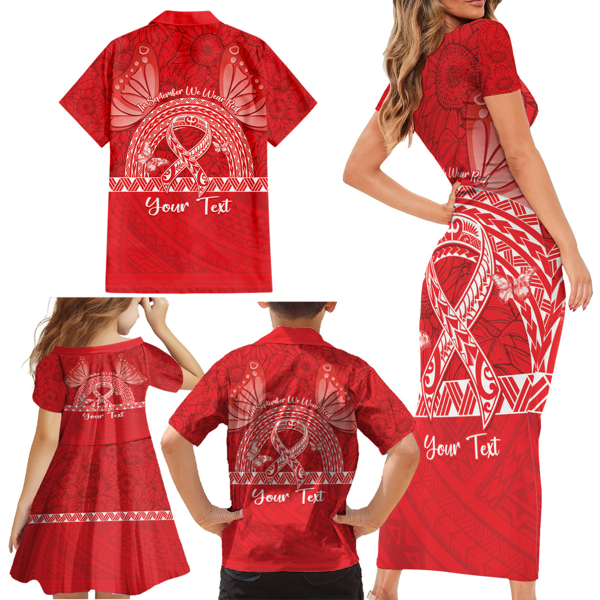 Personalised In September We Wear Red Family Matching Short Sleeve Bodycon Dress and Hawaiian Shirt Polynesia Blood Cancer Awareness LT14 - Polynesian Pride