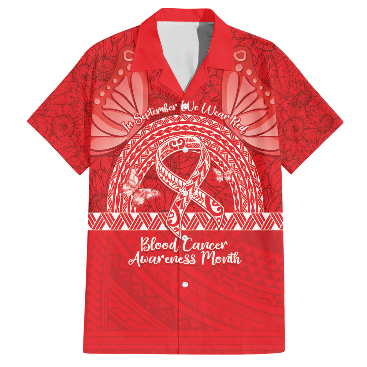 Personalised In September We Wear Red Family Matching Short Sleeve Bodycon Dress and Hawaiian Shirt Polynesia Blood Cancer Awareness LT14 Dad's Shirt - Short Sleeve Red - Polynesian Pride