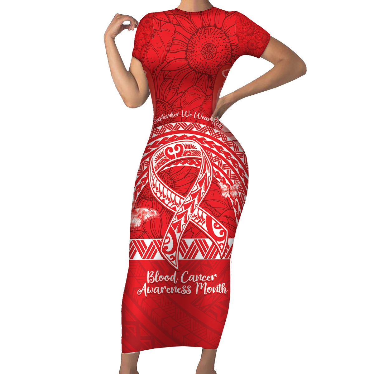 Personalised In September We Wear Red Family Matching Short Sleeve Bodycon Dress and Hawaiian Shirt Polynesia Blood Cancer Awareness LT14 Mom's Dress Red - Polynesian Pride