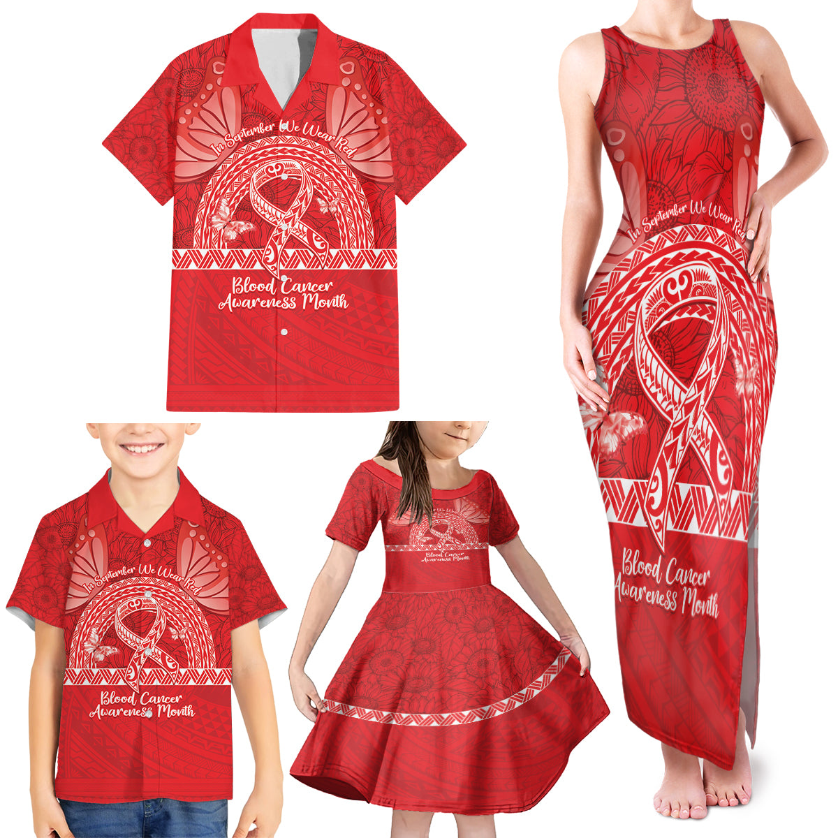Personalised In September We Wear Red Family Matching Tank Maxi Dress and Hawaiian Shirt Polynesia Blood Cancer Awareness LT14 - Polynesian Pride