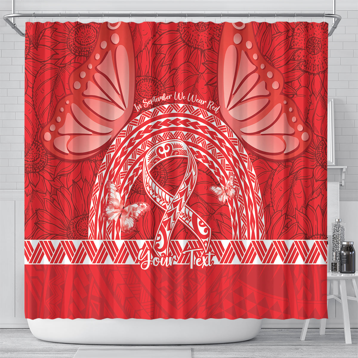 Personalised In September We Wear Red Shower Curtain Polynesia Blood Cancer Awareness LT14 - Polynesian Pride