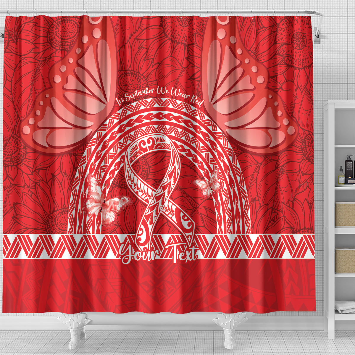 Personalised In September We Wear Red Shower Curtain Polynesia Blood Cancer Awareness LT14 - Polynesian Pride