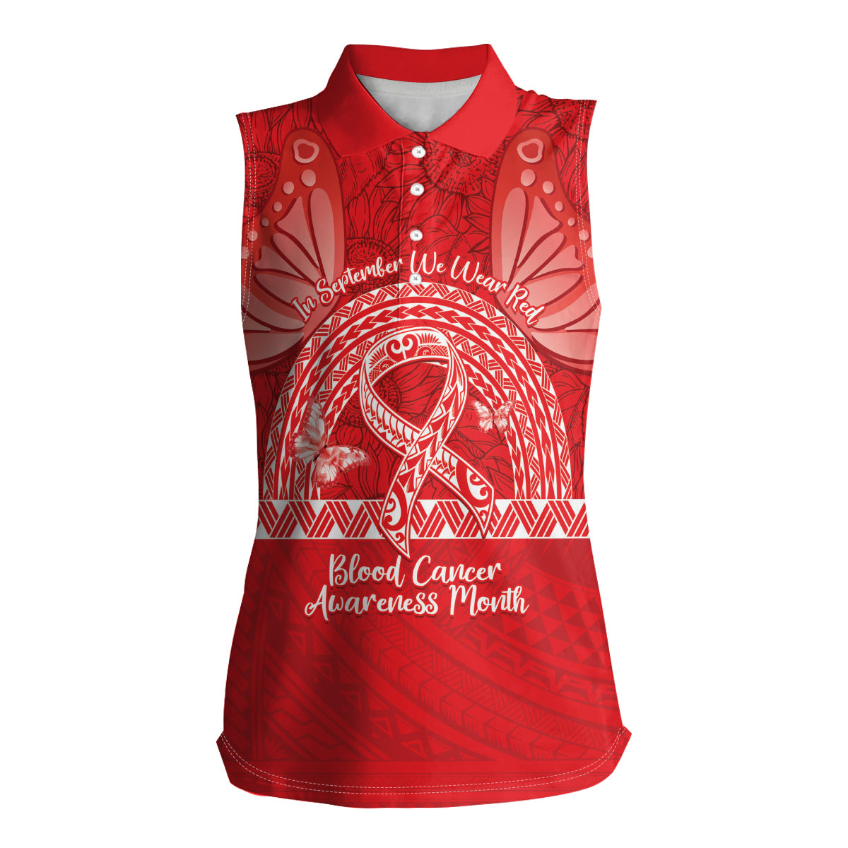 Personalised In September We Wear Red Women Sleeveless Polo Shirt Polynesia Blood Cancer Awareness