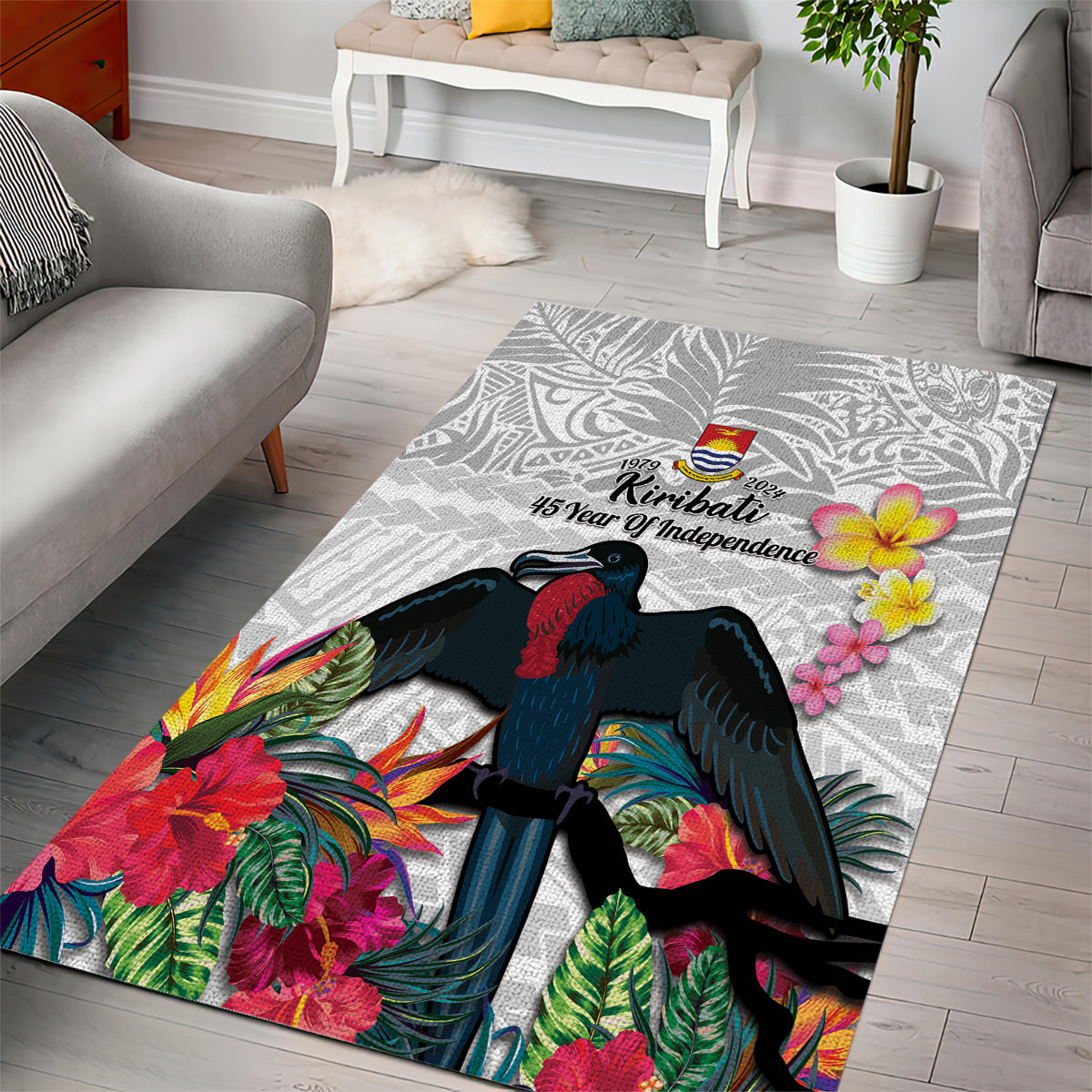Kiribati Independence Day Area Rug Frigatebird Mix Tropical Flowers - White Style LT14 - Polynesian Pride