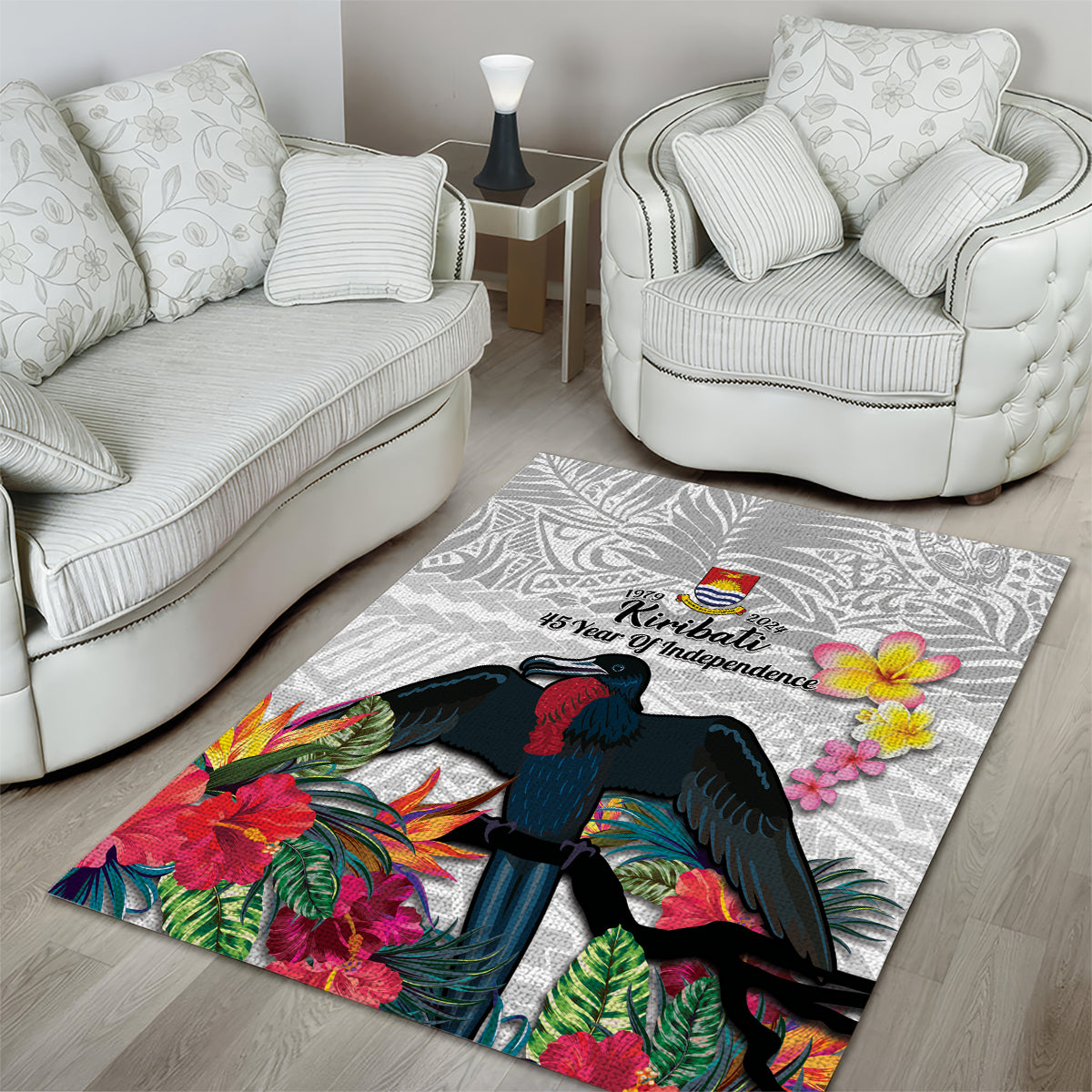 Kiribati Independence Day Area Rug Frigatebird Mix Tropical Flowers - White Style LT14 - Polynesian Pride