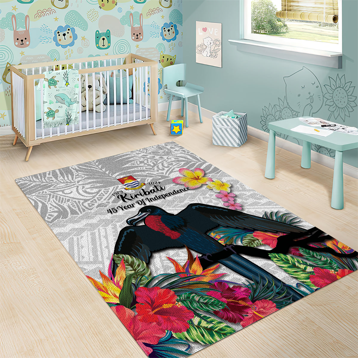 Kiribati Independence Day Area Rug Frigatebird Mix Tropical Flowers - White Style LT14 - Polynesian Pride