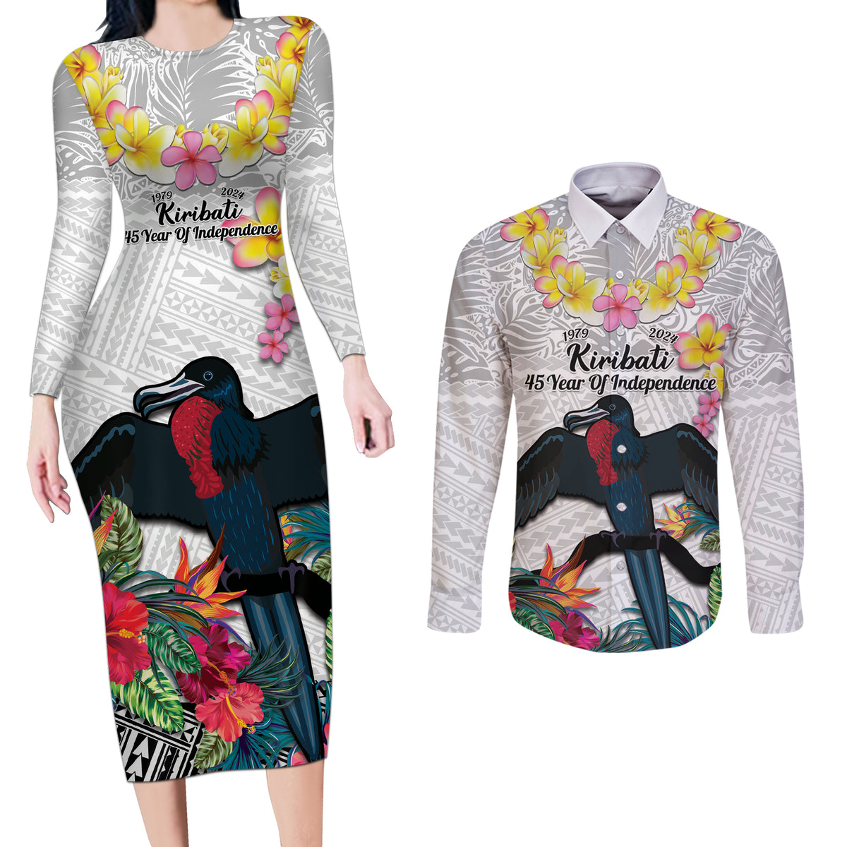 Kiribati Independence Day Couples Matching Long Sleeve Bodycon Dress and Long Sleeve Button Shirt Frigatebird Mix Tropical Flowers - White Style LT14 White - Polynesian Pride