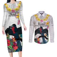 Kiribati Independence Day Couples Matching Long Sleeve Bodycon Dress and Long Sleeve Button Shirt Frigatebird Mix Tropical Flowers - White Style LT14 White - Polynesian Pride