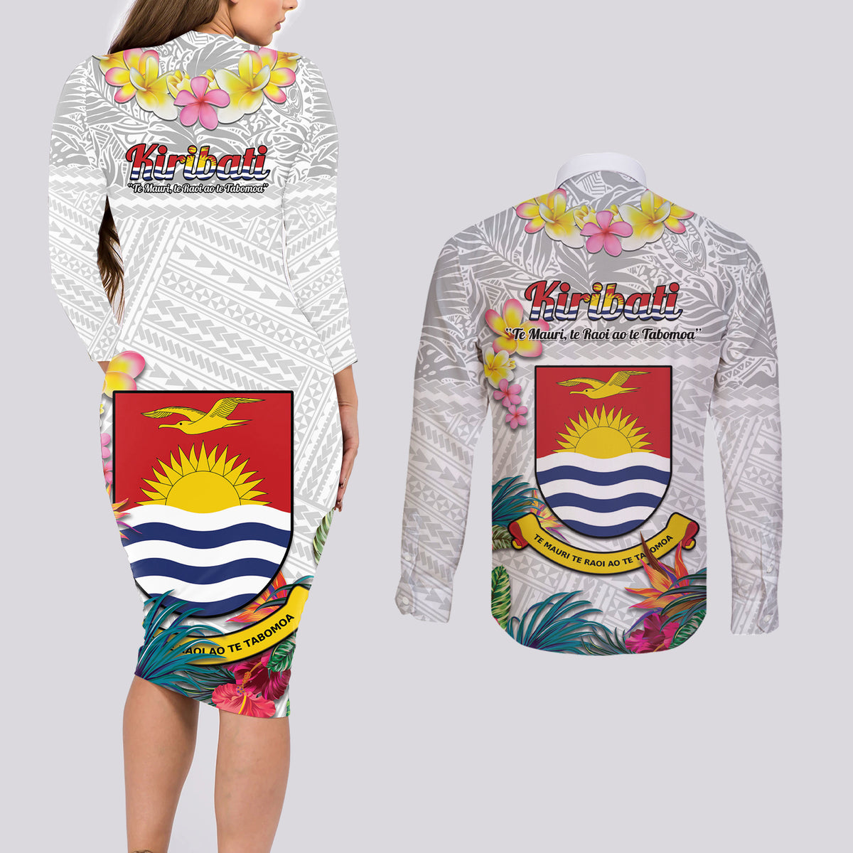 Kiribati Independence Day Couples Matching Long Sleeve Bodycon Dress and Long Sleeve Button Shirt Frigatebird Mix Tropical Flowers - White Style LT14 - Polynesian Pride