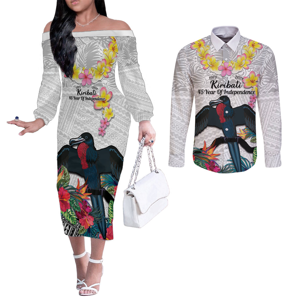Kiribati Independence Day Couples Matching Off The Shoulder Long Sleeve Dress and Long Sleeve Button Shirt Frigatebird Mix Tropical Flowers - White Style LT14 White - Polynesian Pride