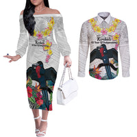 Kiribati Independence Day Couples Matching Off The Shoulder Long Sleeve Dress and Long Sleeve Button Shirt Frigatebird Mix Tropical Flowers - White Style LT14 White - Polynesian Pride