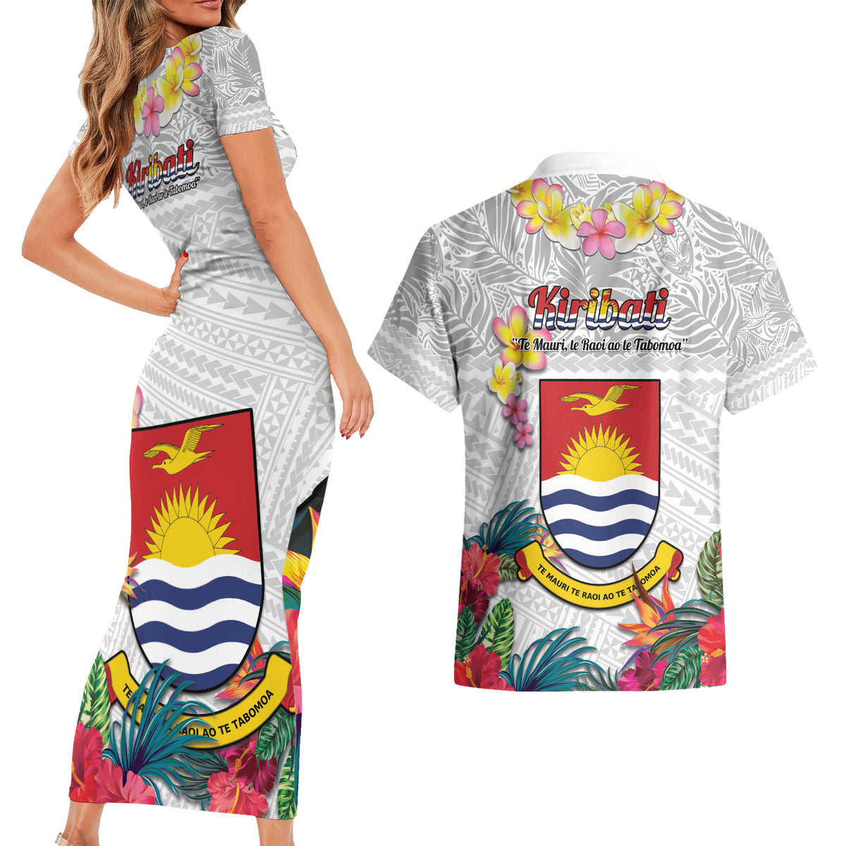 Kiribati Independence Day Couples Matching Short Sleeve Bodycon Dress and Hawaiian Shirt Frigatebird Mix Tropical Flowers - White Style LT14 - Polynesian Pride