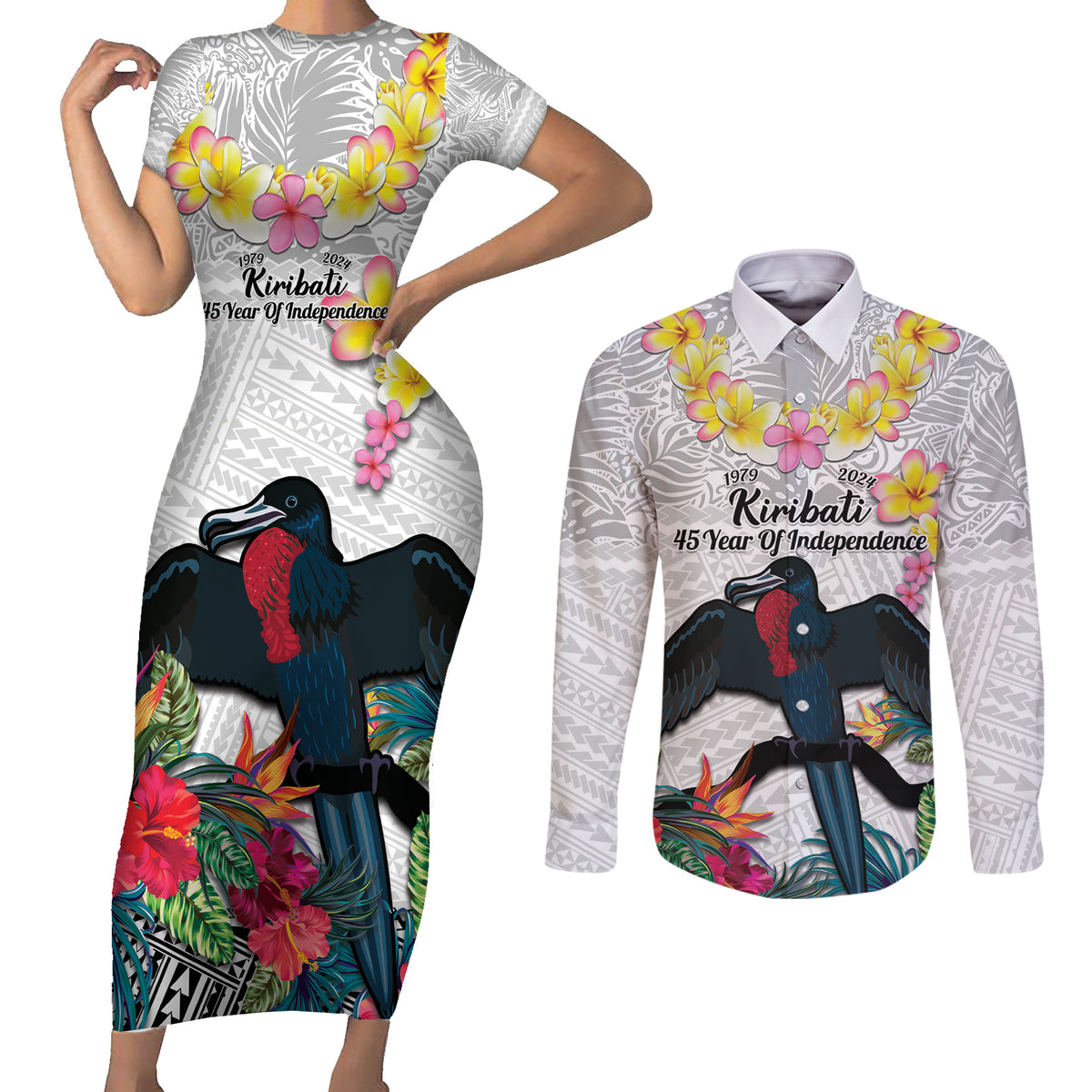 Kiribati Independence Day Couples Matching Short Sleeve Bodycon Dress and Long Sleeve Button Shirt Frigatebird Mix Tropical Flowers - White Style LT14 White - Polynesian Pride