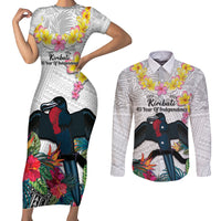 Kiribati Independence Day Couples Matching Short Sleeve Bodycon Dress and Long Sleeve Button Shirt Frigatebird Mix Tropical Flowers - White Style LT14 White - Polynesian Pride