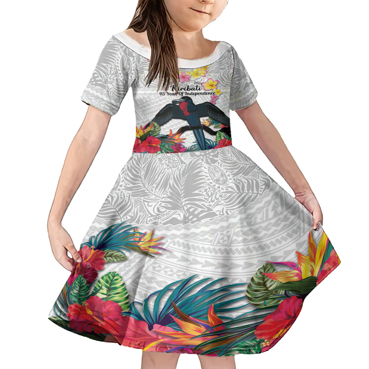 Kiribati Independence Day Family Matching Long Sleeve Bodycon Dress and Hawaiian Shirt Frigatebird Mix Tropical Flowers - White Style LT14 Daughter's Dress White - Polynesian Pride