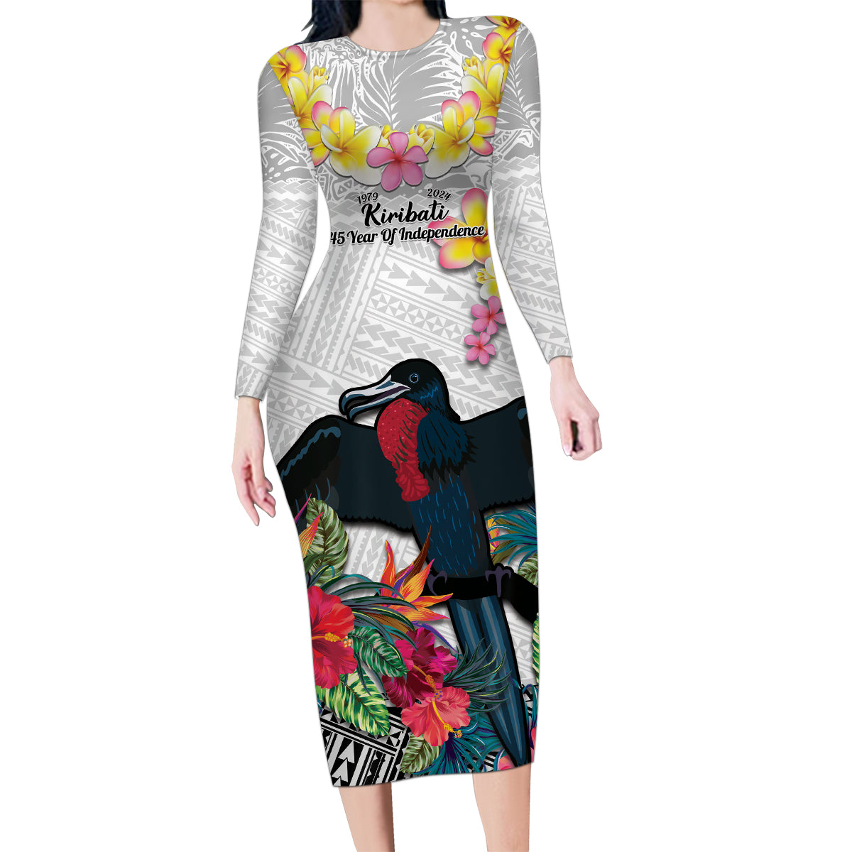 Kiribati Independence Day Family Matching Long Sleeve Bodycon Dress and Hawaiian Shirt Frigatebird Mix Tropical Flowers - White Style LT14 Mom's Dress White - Polynesian Pride