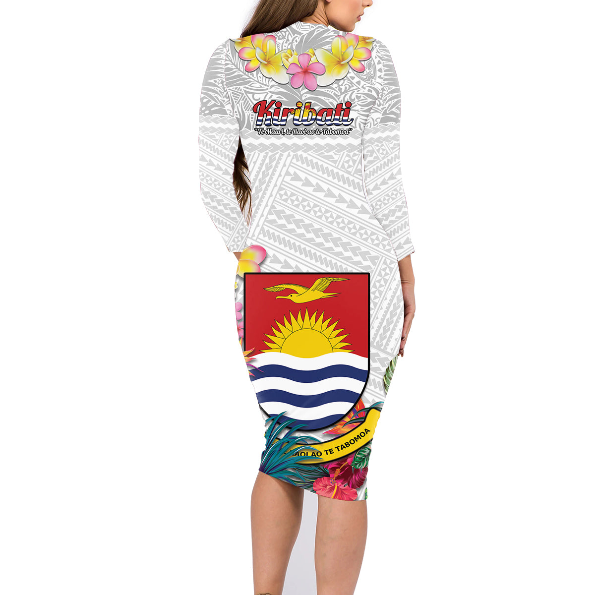 Kiribati Independence Day Family Matching Long Sleeve Bodycon Dress and Hawaiian Shirt Frigatebird Mix Tropical Flowers - White Style LT14 - Polynesian Pride
