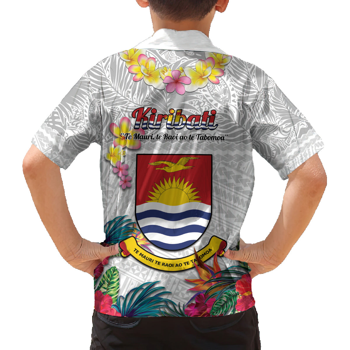 Kiribati Independence Day Family Matching Off Shoulder Short Dress and Hawaiian Shirt Frigatebird Mix Tropical Flowers - White Style LT14 - Polynesian Pride