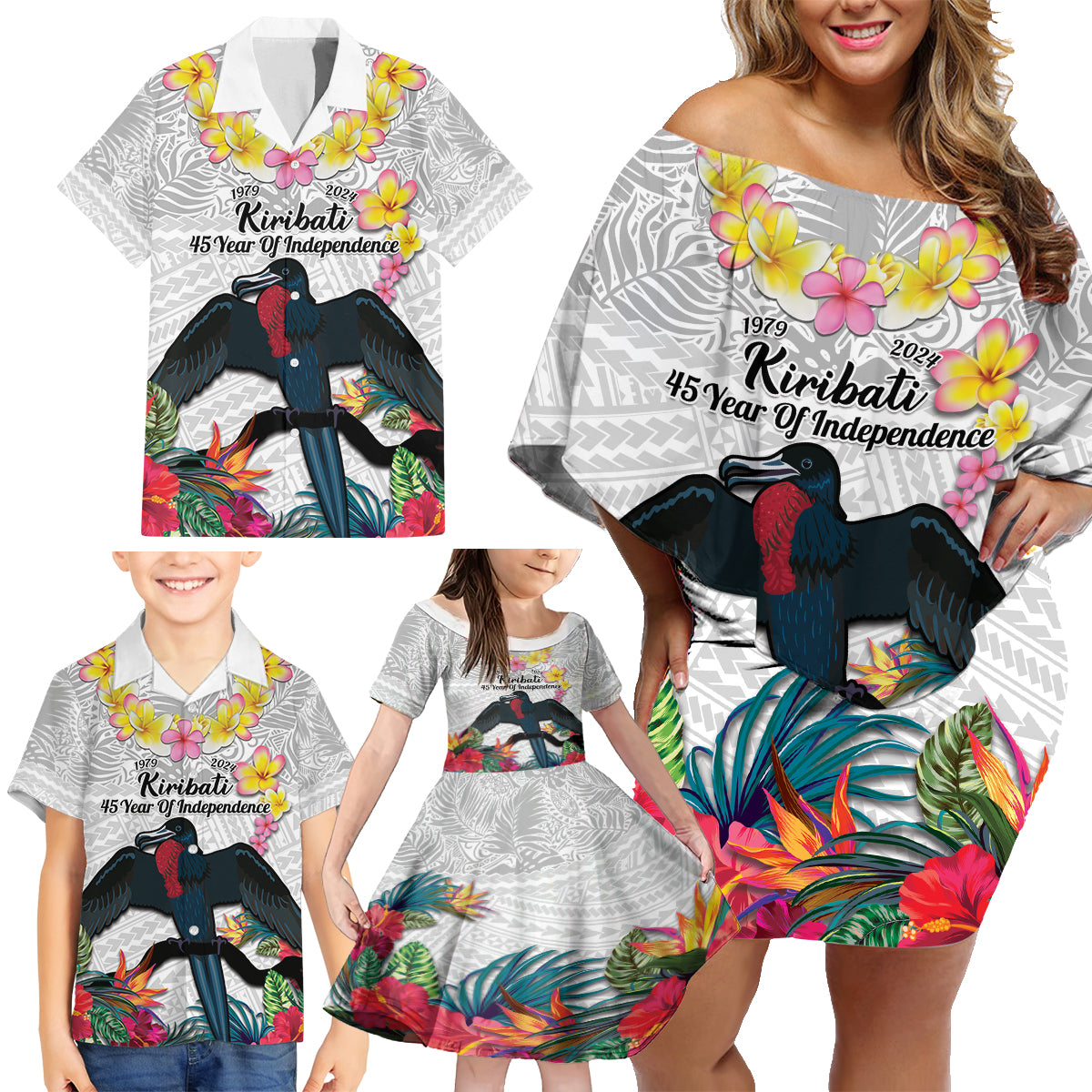 Kiribati Independence Day Family Matching Off Shoulder Short Dress and Hawaiian Shirt Frigatebird Mix Tropical Flowers - White Style LT14 - Polynesian Pride