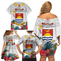 Kiribati Independence Day Family Matching Off Shoulder Short Dress and Hawaiian Shirt Frigatebird Mix Tropical Flowers - White Style LT14 - Polynesian Pride