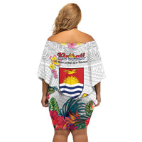 Kiribati Independence Day Family Matching Off Shoulder Short Dress and Hawaiian Shirt Frigatebird Mix Tropical Flowers - White Style LT14 - Polynesian Pride
