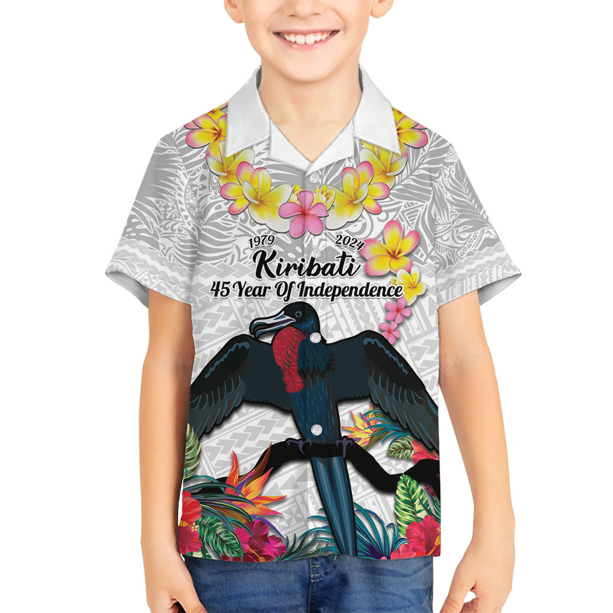 Kiribati Independence Day Family Matching Off Shoulder Short Dress and Hawaiian Shirt Frigatebird Mix Tropical Flowers - White Style LT14 Son's Shirt White - Polynesian Pride