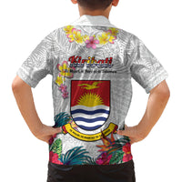 Kiribati Independence Day Family Matching Puletasi and Hawaiian Shirt Frigatebird Mix Tropical Flowers - White Style LT14 - Polynesian Pride