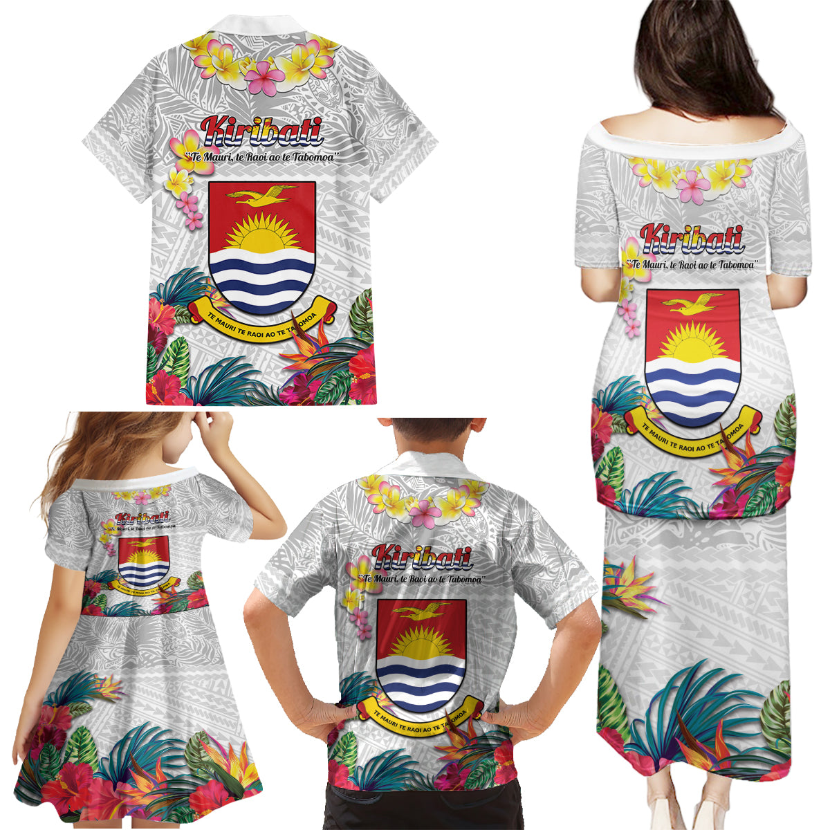 Kiribati Independence Day Family Matching Puletasi and Hawaiian Shirt Frigatebird Mix Tropical Flowers - White Style LT14 - Polynesian Pride