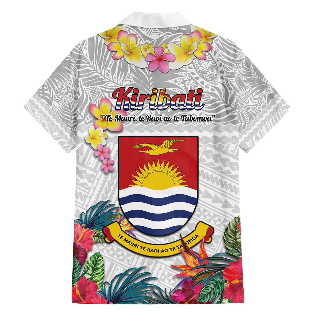 Kiribati Independence Day Family Matching Puletasi and Hawaiian Shirt Frigatebird Mix Tropical Flowers - White Style LT14 - Polynesian Pride