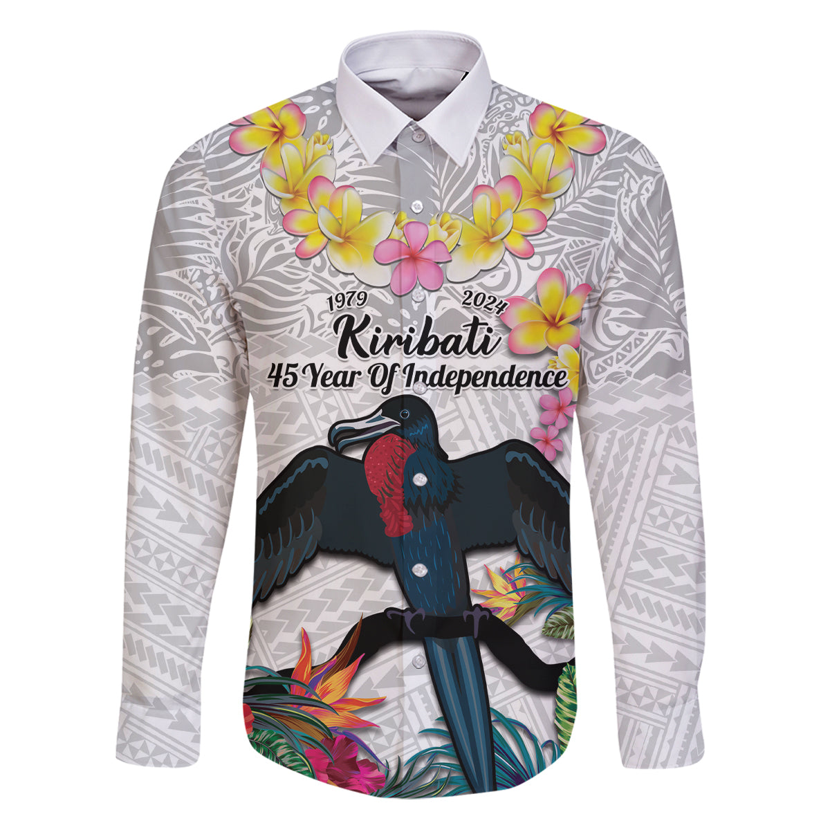 Kiribati Independence Day Family Matching Puletasi and Hawaiian Shirt Frigatebird Mix Tropical Flowers - White Style LT14 Dad's Shirt - Long Sleeve White - Polynesian Pride