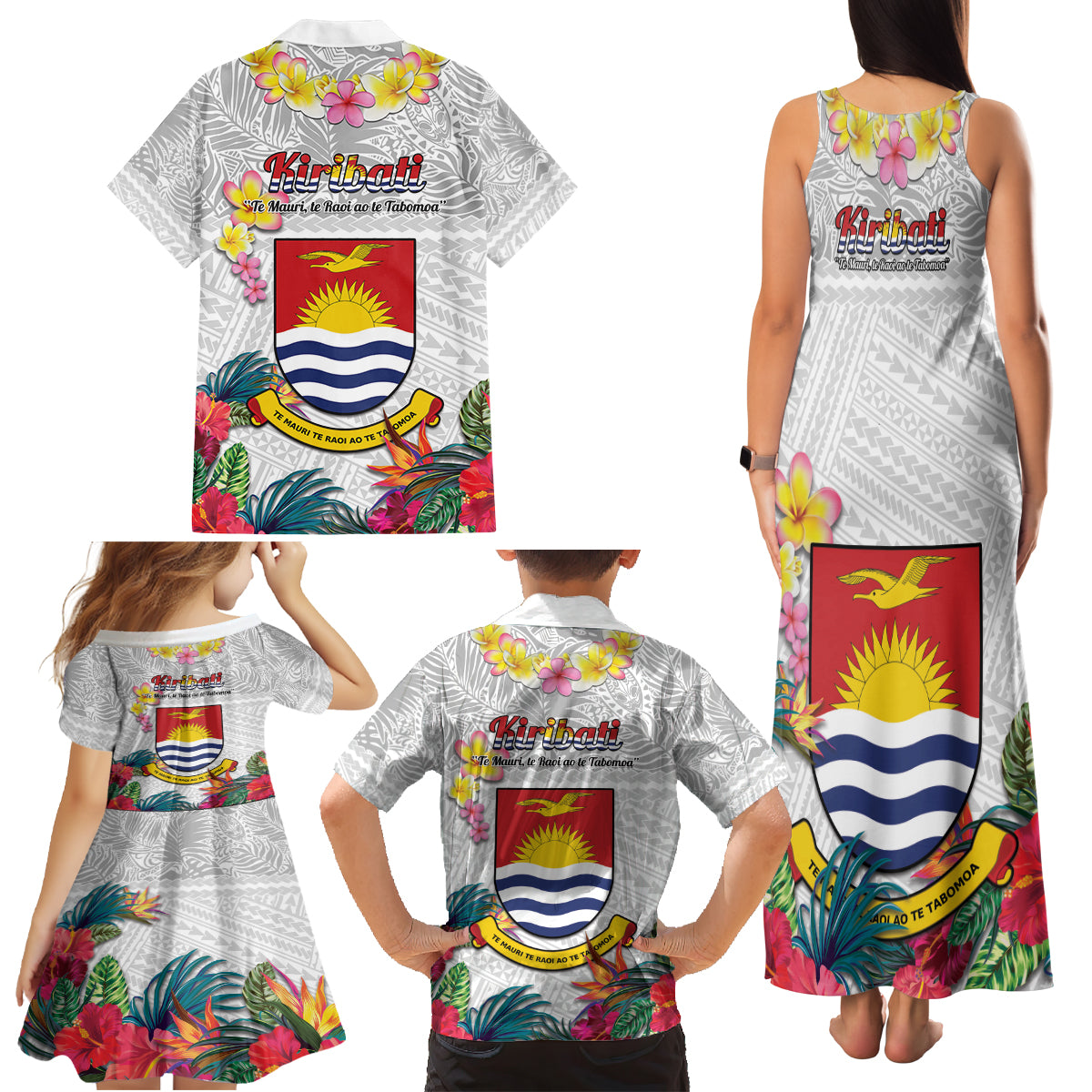 Kiribati Independence Day Family Matching Tank Maxi Dress and Hawaiian Shirt Frigatebird Mix Tropical Flowers - White Style LT14 - Polynesian Pride