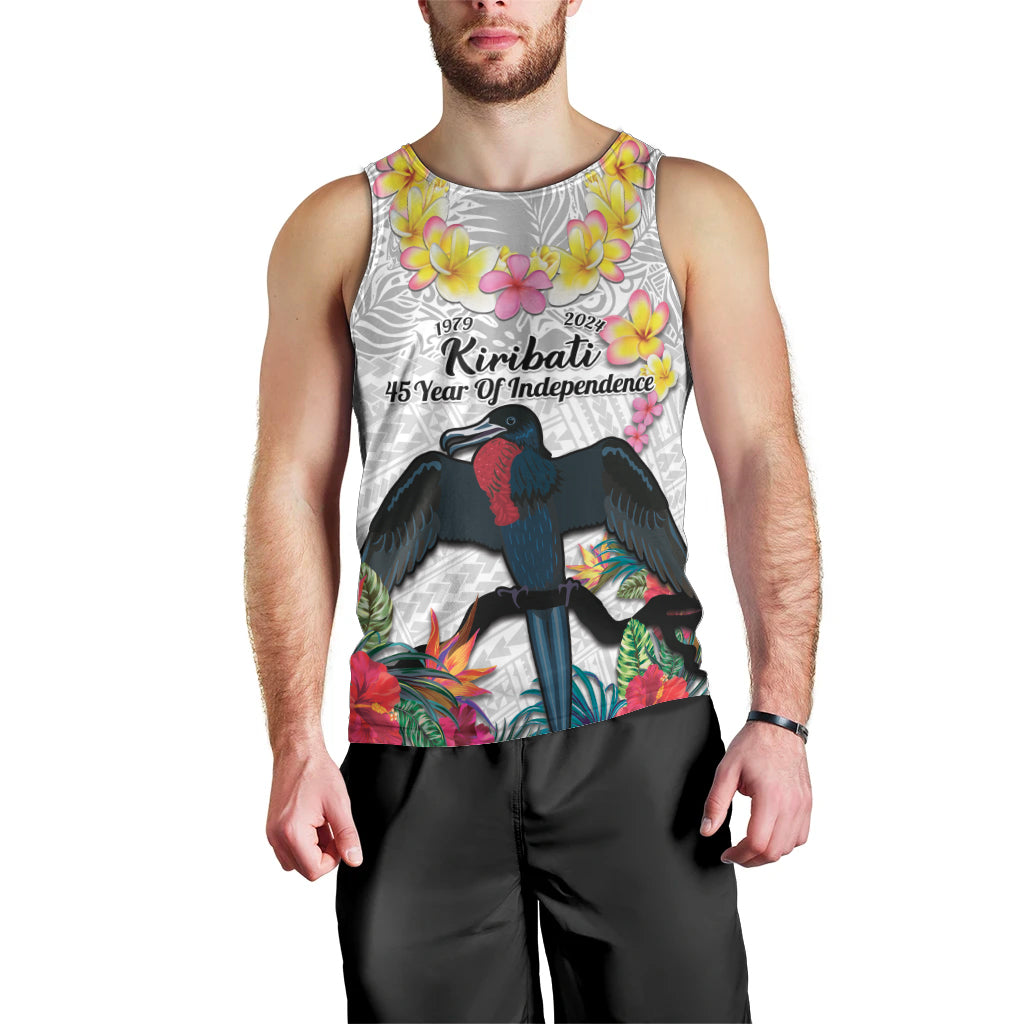 Kiribati Independence Day Men Tank Top Frigatebird Mix Tropical Flowers - White Style LT14 - Polynesian Pride