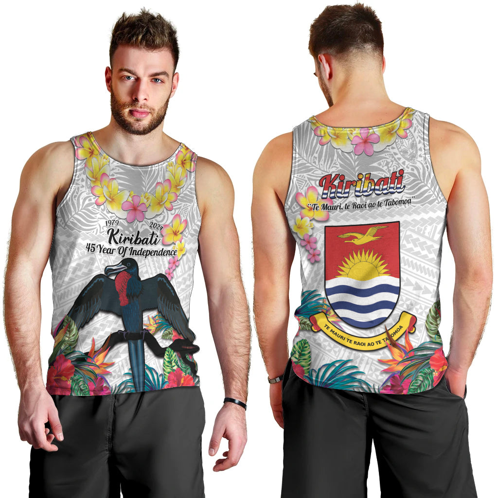 Kiribati Independence Day Men Tank Top Frigatebird Mix Tropical Flowers - White Style LT14 - Polynesian Pride