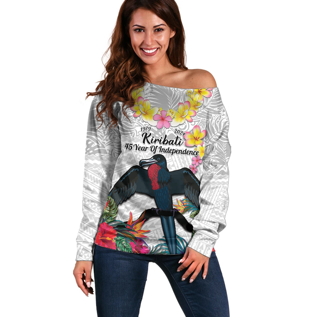 Kiribati Independence Day Off Shoulder Sweater Frigatebird Mix Tropical Flowers - White Style LT14 Women White - Polynesian Pride