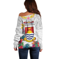 Kiribati Independence Day Off Shoulder Sweater Frigatebird Mix Tropical Flowers - White Style LT14 - Polynesian Pride