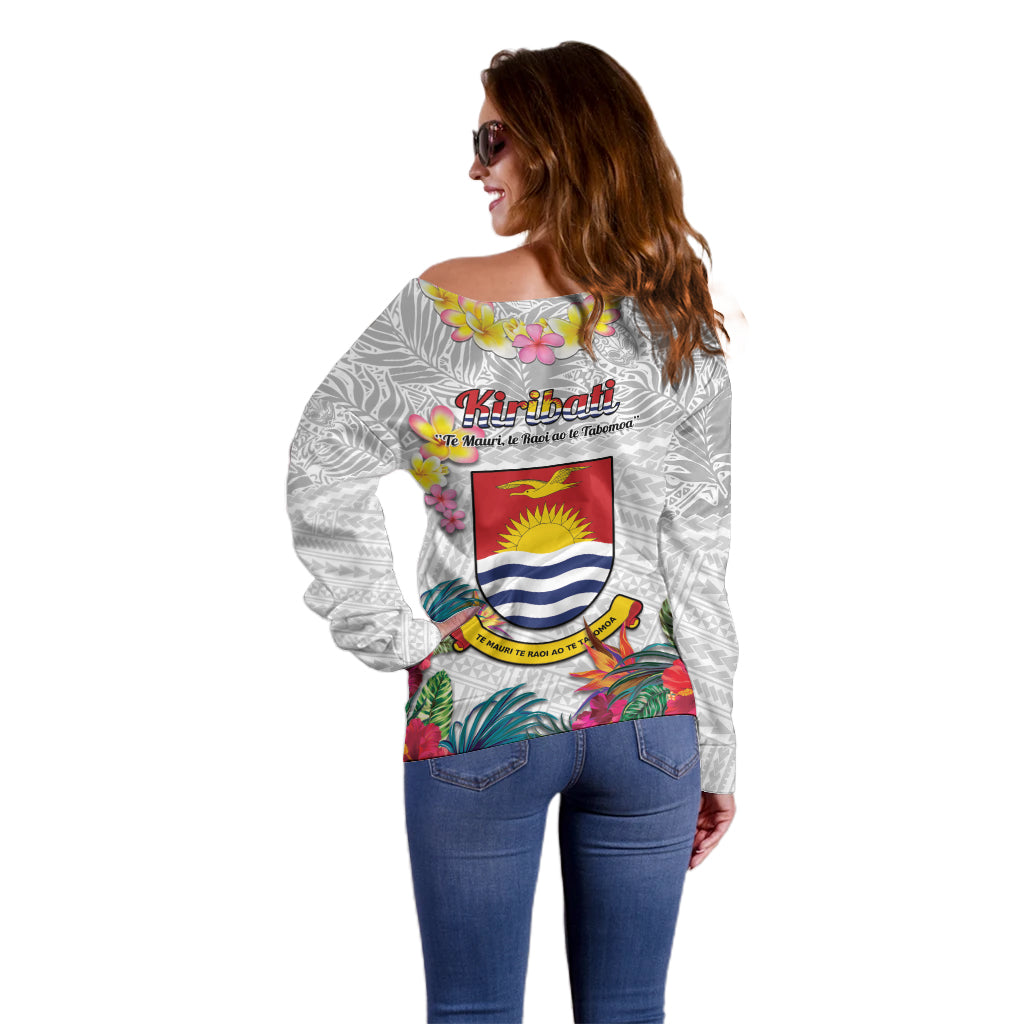 Kiribati Independence Day Off Shoulder Sweater Frigatebird Mix Tropical Flowers - White Style LT14 - Polynesian Pride