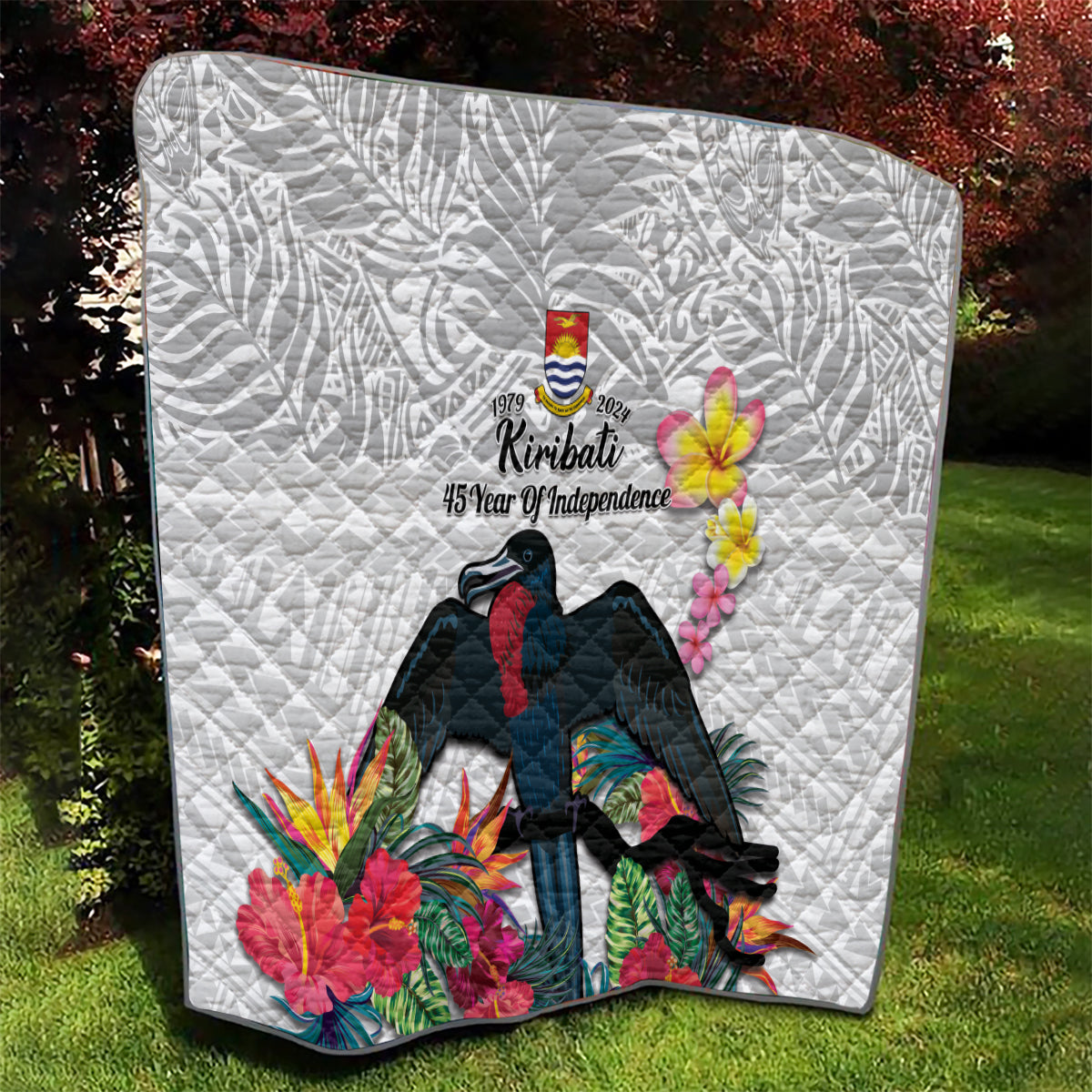 Kiribati Independence Day Quilt Frigatebird Mix Tropical Flowers - White Style LT14 - Polynesian Pride