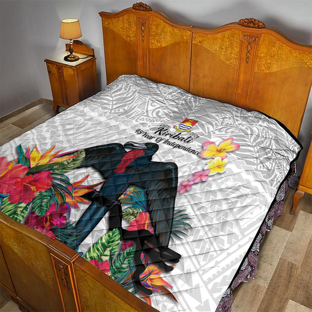 Kiribati Independence Day Quilt Frigatebird Mix Tropical Flowers - White Style LT14 - Polynesian Pride
