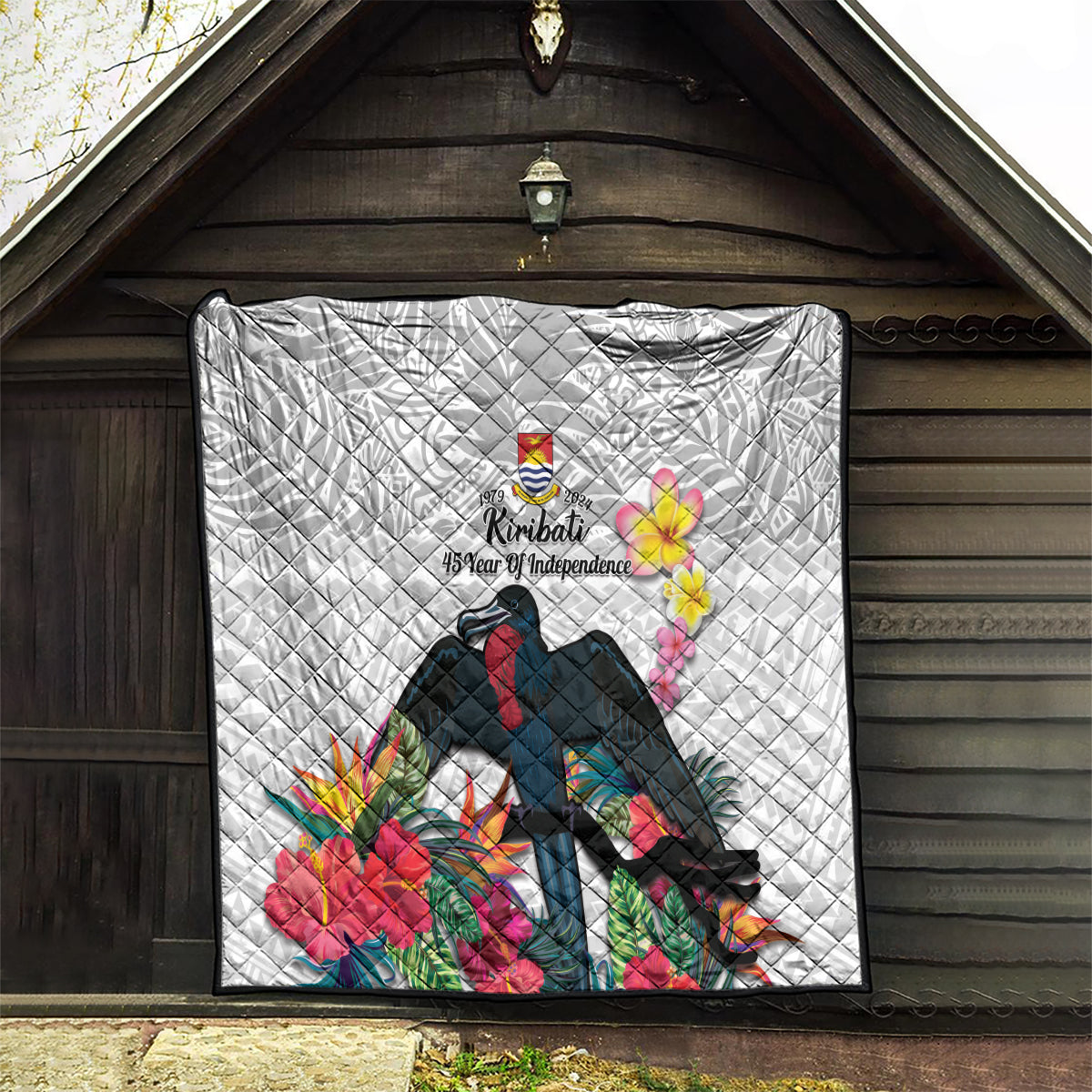 Kiribati Independence Day Quilt Frigatebird Mix Tropical Flowers - White Style LT14 - Polynesian Pride