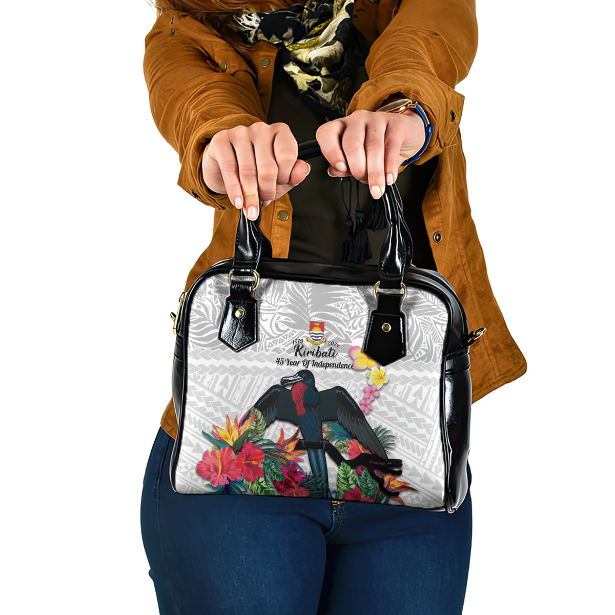 Kiribati Independence Day Shoulder Handbag Frigatebird Mix Tropical Flowers - White Style LT14 One Size White - Polynesian Pride
